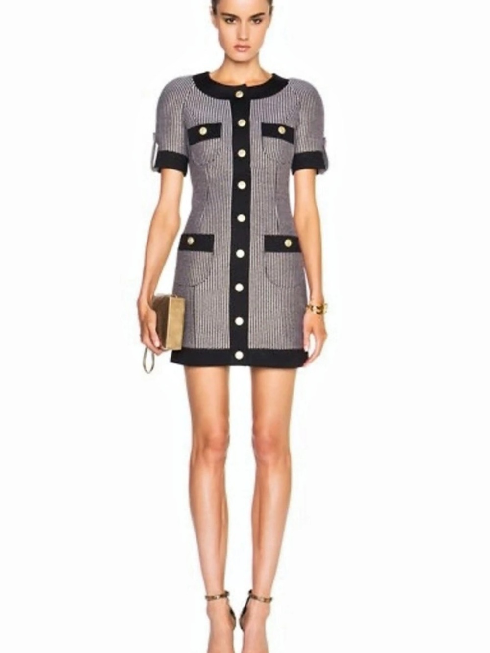 Pierre Balmain Houndstooth Short Sleeve Dress with Gold Buttons Mini Dress Black